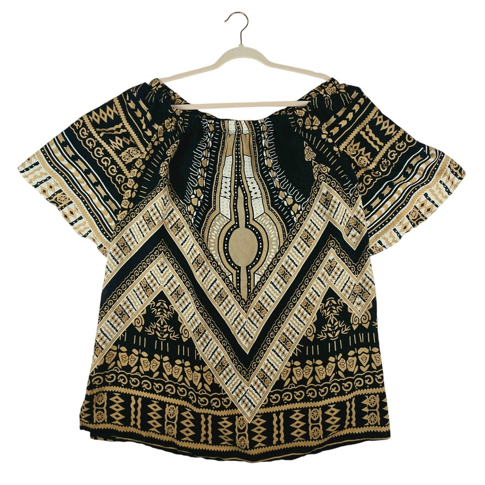 Ashley Stewart Dashiki Print Blouse Women 18/20 Black Tan Boho Off Shoulder